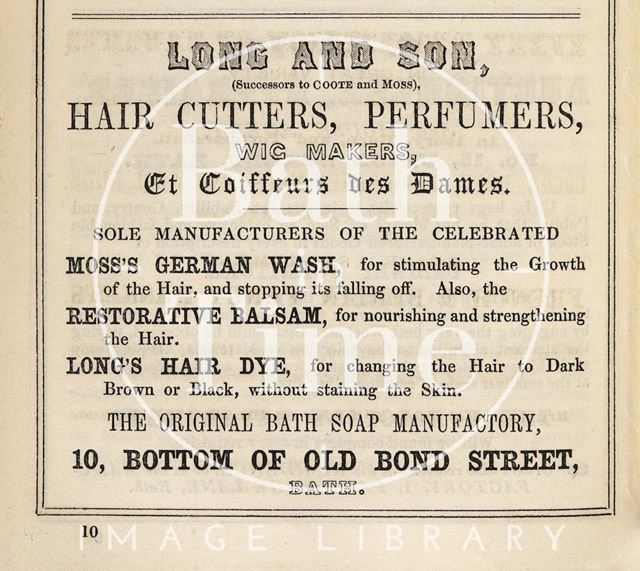 James Long (Successor to Coote & Moss) Hair Cutters, Perfumers, Wig Makers, Bath 1849