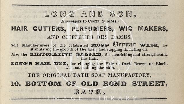 Long and Son (Successor to Coote & Moss) Hair Cutters, Perfumers, Wig Makers, Bath 1848