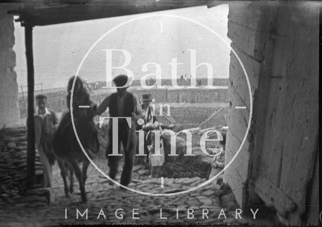 Ascending the cobbles on a donkey in Clovelly, Devon c.1930