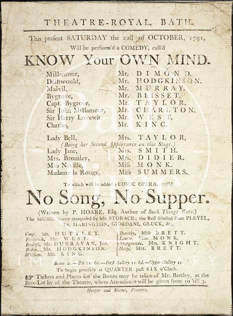 Playbill for Know your Mind, Theatre Royal, Bath 1791