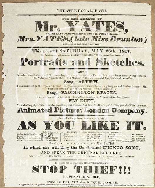 Playbill for the benefit of Mr. Yates 1827