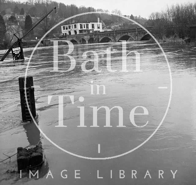 View of the flooded river at the toll bridge at Bathampton 1971