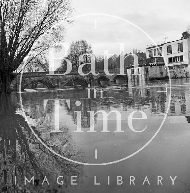 View of the flooded river at the toll bridge at Bathampton 1971