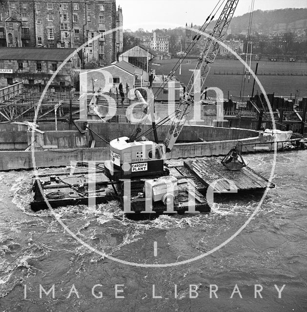 High water at Pulteney weir during construction, Bath 1970