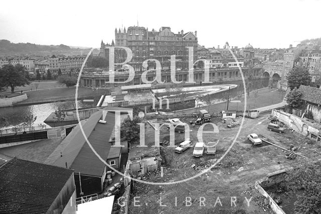 Panorama of the newly completed weir at Pulteney Bridge, Bath 1972