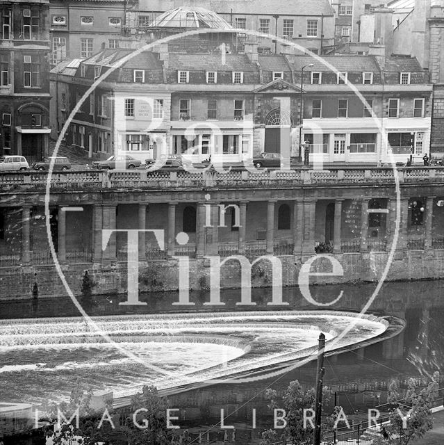 Looking down on the newly completed weir at Pulteney Bridge, Bath 1972