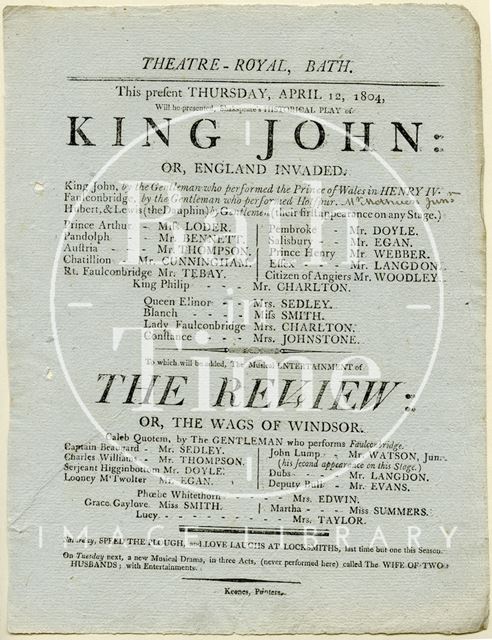 Playbill for King John and the Review, Theatre Royal, Bath 1804