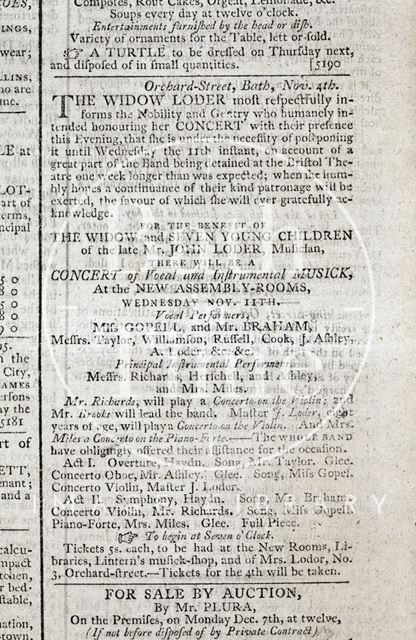 Orchard Street, Bath. The Widow of the late Mr. John Loder benefit concert 1795