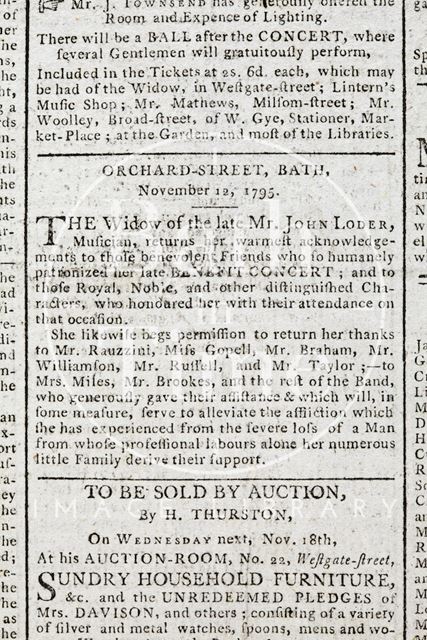 Orchard Street, Bath. The Widow of the late Mr. John Loder acknowledgements 1795