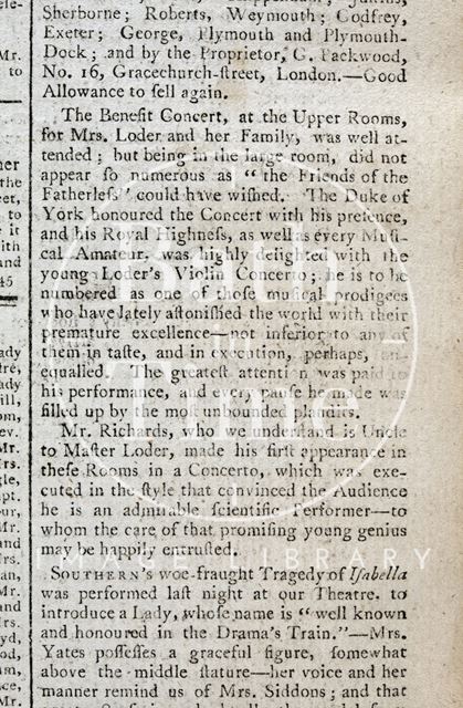 Report on the benefit concert for Mrs. Loder and her family, Bath 1795