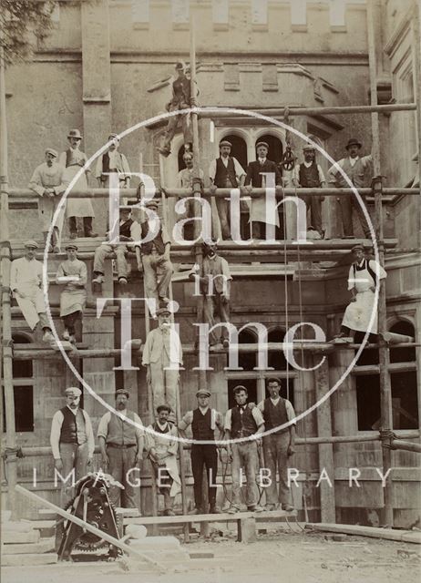 A group of builders on scaffolding, Warleigh Manor c.1880