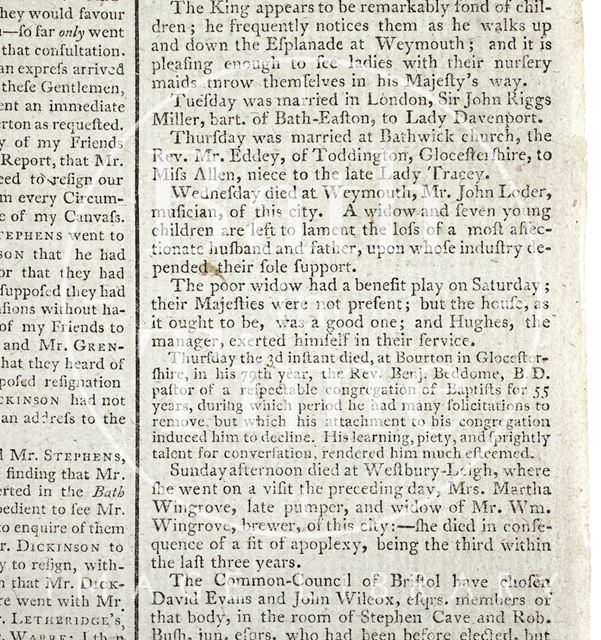 Announcing the death of Mr. John Loder, musician, Bath 1795