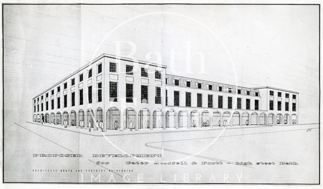 Architect's impression of a proposed development on the corner of the High Street and Upper Borough Walls, Bath 1962