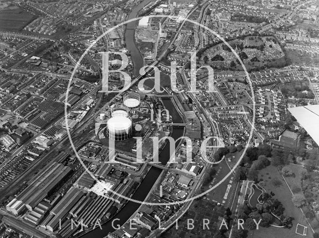 Aerial view of Upper Bristol Road, Bath and the gasworks, Bath 1973