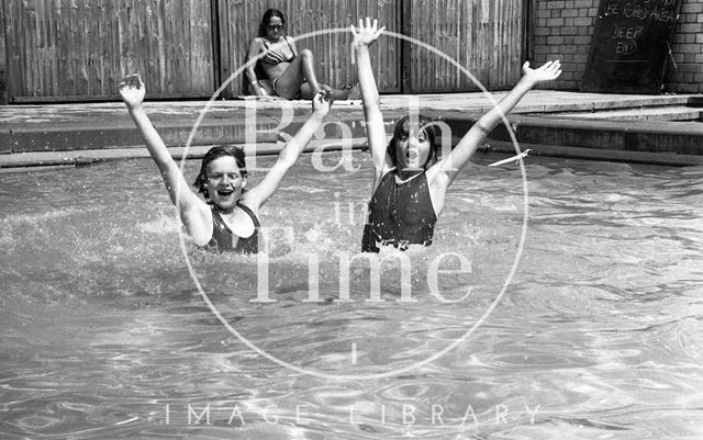 Mark Watts and Trevor Woodall in the pool at Somervale School Sports Day, Midsomer Norton, Somerset 1976