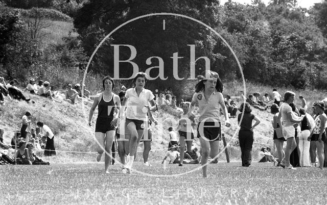 Girls running race at Somervale School Sports Day, Midsomer Norton, Somerset 1976