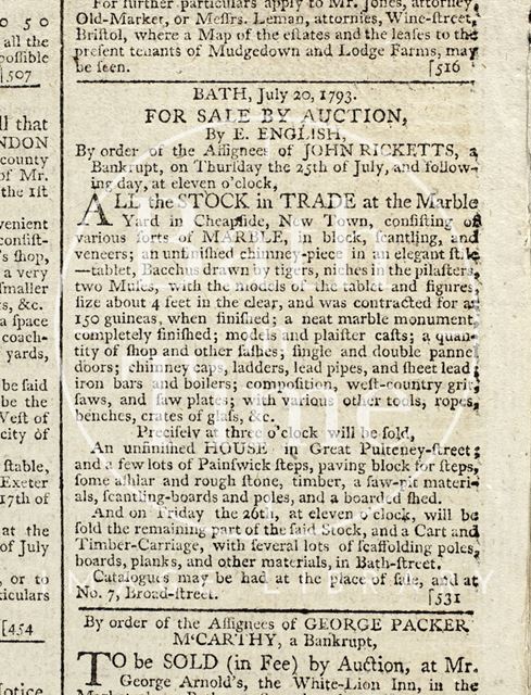 John Rickett's bankruptcy, building materials 1793