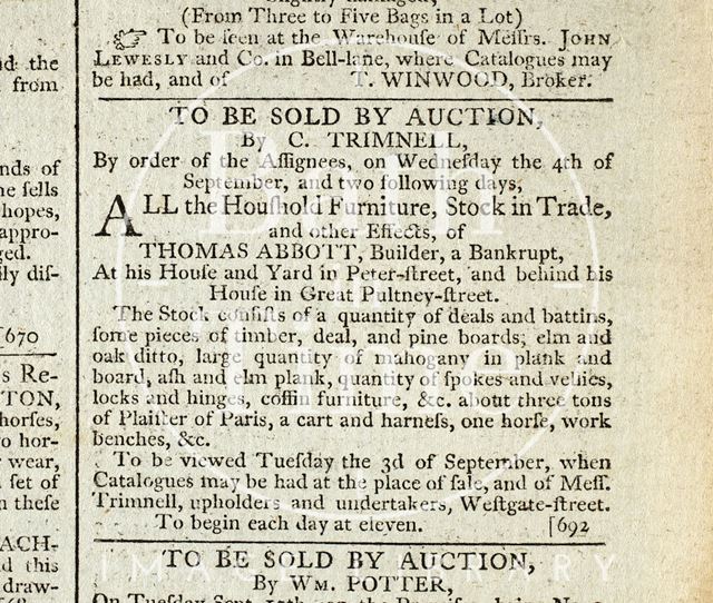 Auction of effects of bankrupt builder Thomas Abbott 1793