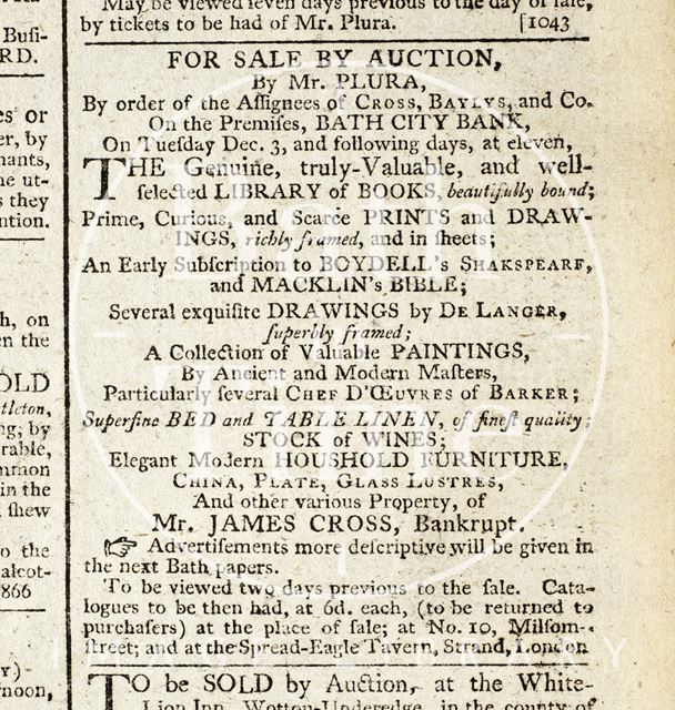 Auction of library of books of bankrupt Mr. James Cross 1793