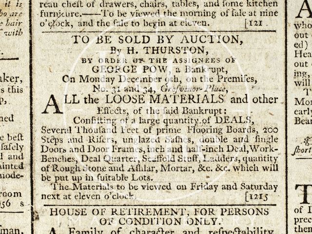 Auction of building materials of bankrupt George Pow 1793