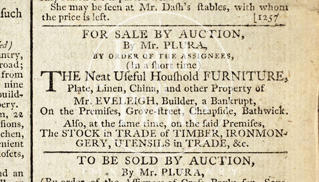 Auction of household furniture of bankrupt builder, John Eveleigh 1793