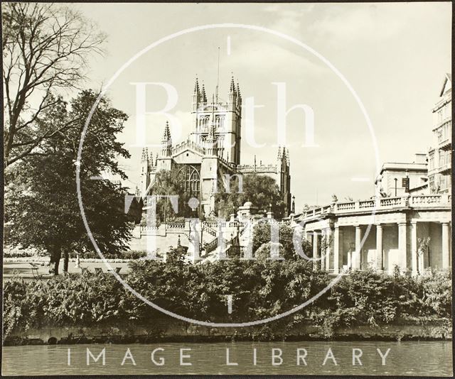 View of Bath Abbey from the River Avon showing Parade Gardens c.1930-1950