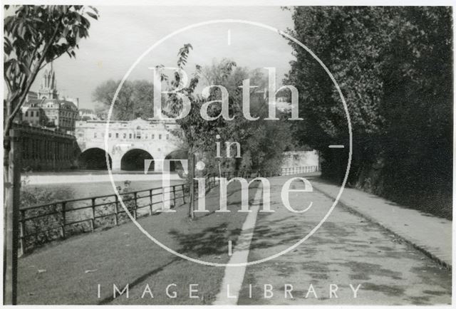 The riverbank looking towards Pulteney Bridge, Bath 1953-1955