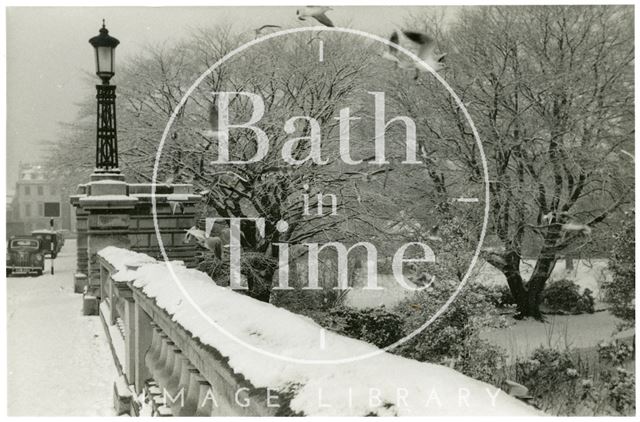 A snowy view of North Parade Bridge, Bath 1953-1955