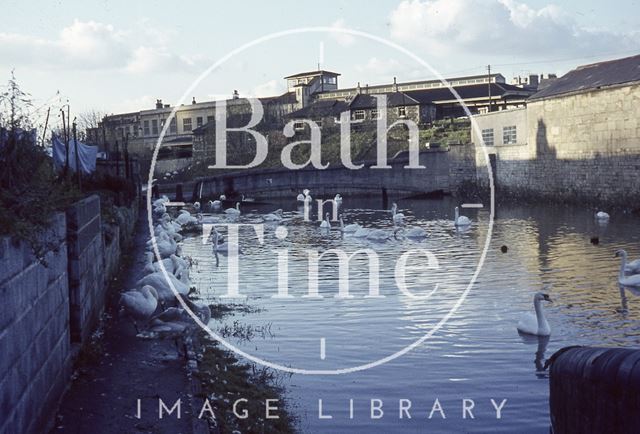 Floods at the rear of Bath Spa Railway Station from the Kennet and Avon Canal, Bath 1963