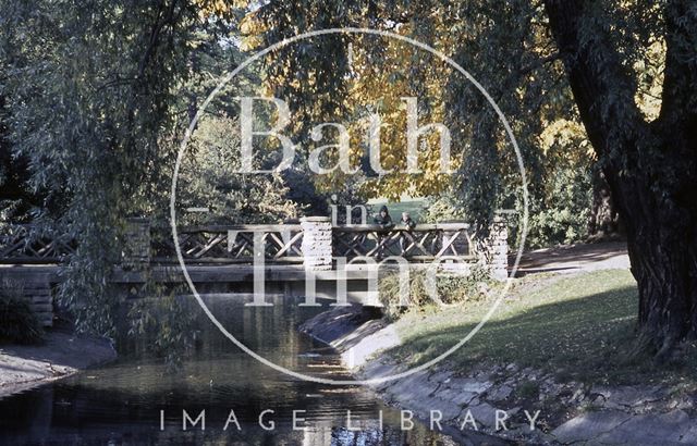 Lake and rustic bridge, Royal Victoria Park, Bath 1970