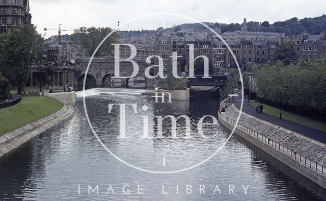 The newly completed Pulteney Weir and riverbank, Bath 1972