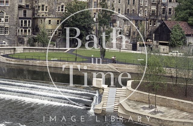 The newly completed Pulteney Weir and riverbank, Bath 1972