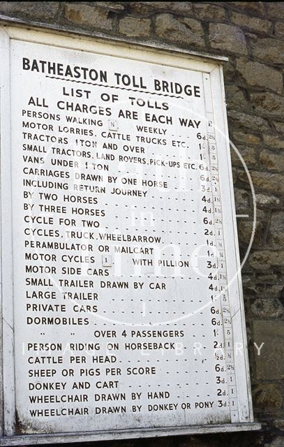 Bathampton Toll Bridge charges 1973