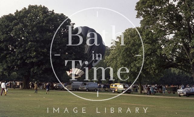 A hot air balloon being inflated at Royal Victoria Park, Bath 1974