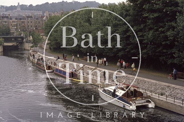 Boats and riverside, close to Pulteney Weir, Bath 1974