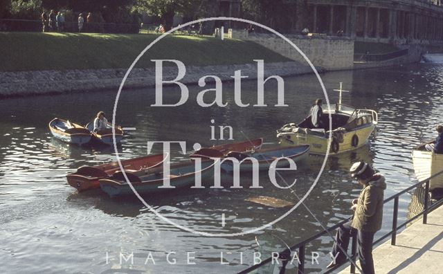 Pleasure boats on the River Avon, Pulteney Weir, Bath 1974