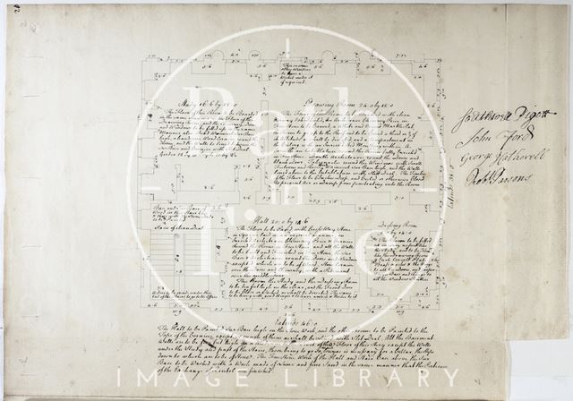 Plan and room specification for the ground floor of Titan Barrow, Bathford c.1748