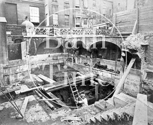 The excavation of the Queen's Bath revealing the circular Roman Bath below, Bath 1880