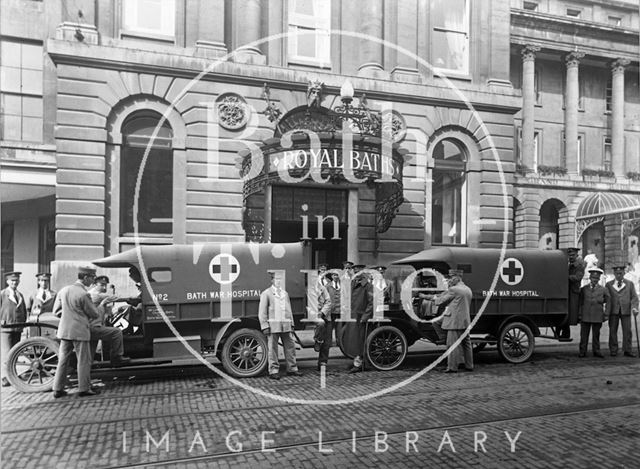 Two ambulances outside the New Royal Baths, Stall Street, Bath c.1916-1920