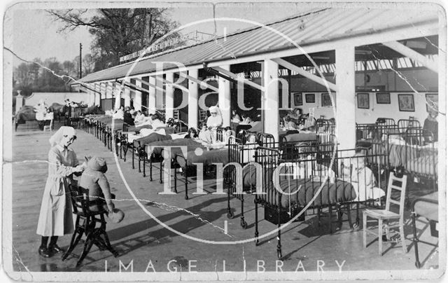 Children taking in some sun at the Bath Somerset & Wiltshire Central Children's Orthopaedic Hospital, Combe Park, Bath c.1920