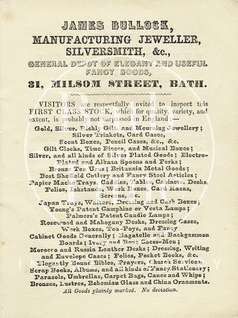 Advertisement for James Bullock, manufacturing jeweller, silversmith etc., Bath 1854