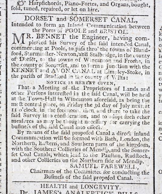 Dorset and Somerset Canal, notice to form an inland communication between Poole and Bristol 1795