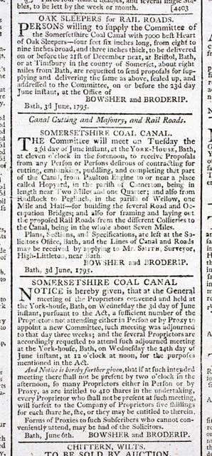 Various newspaper announcements relating to the Somersetshire Coal Canal 1795