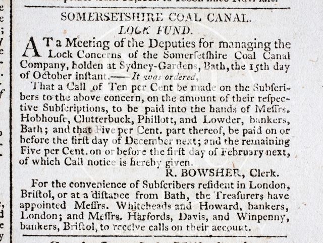 Somersetshire Coal Canal Lock Fund meeting notice 1802