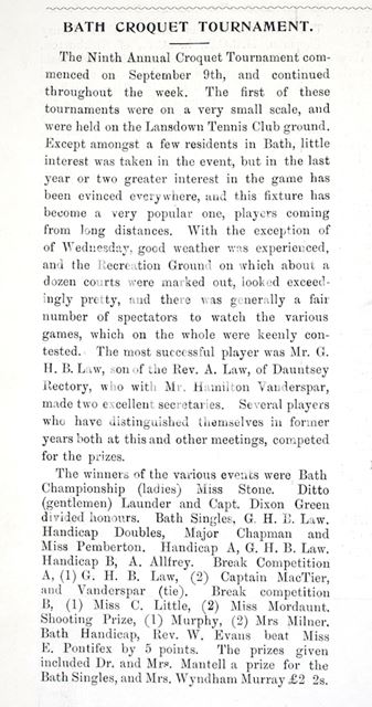 Report on the Ninth Annual Croquet Tournament on the Recreation Ground, Bath 1901