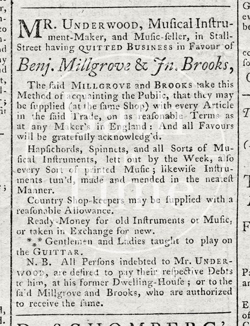 Notice from Mr. Underwood, Musical Instrument Maker and Music seller, Bath 1762