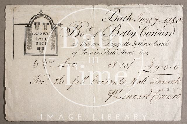 Bill from Coward's Lace Shop, Stall Street, Bath 1748