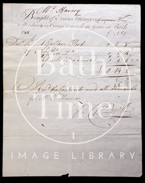 Bill from Evans, Thomas & Company, Wine Merchants in Orange Court, Orange Grove, Bath 1748