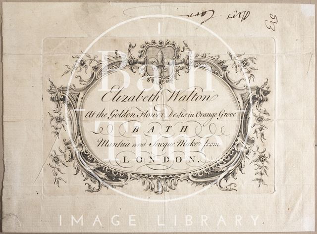 Trade advertisement for Elizabeth Walton, at the Golden Flower De Lis in Orange Grove, Bath 1758