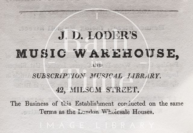 Trade advertisement for J.D. Loder's Music Warehouse, 42, Milsom Street, Bath 1833